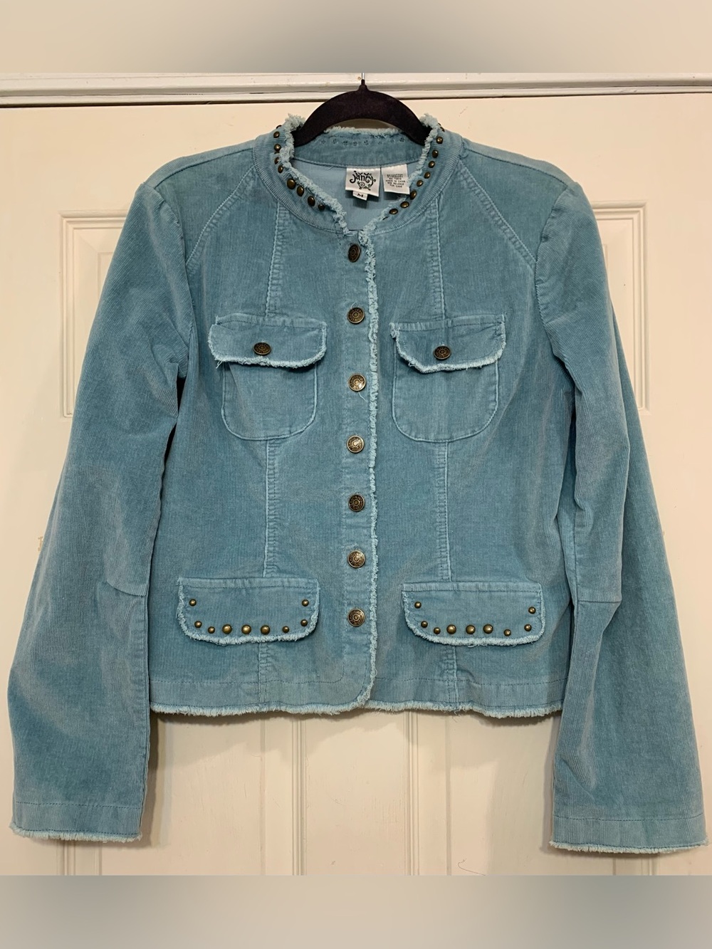 Ivy Jane Teal Distressed Hems Corduroy Cross Embellished Med. Jacket. 4034A